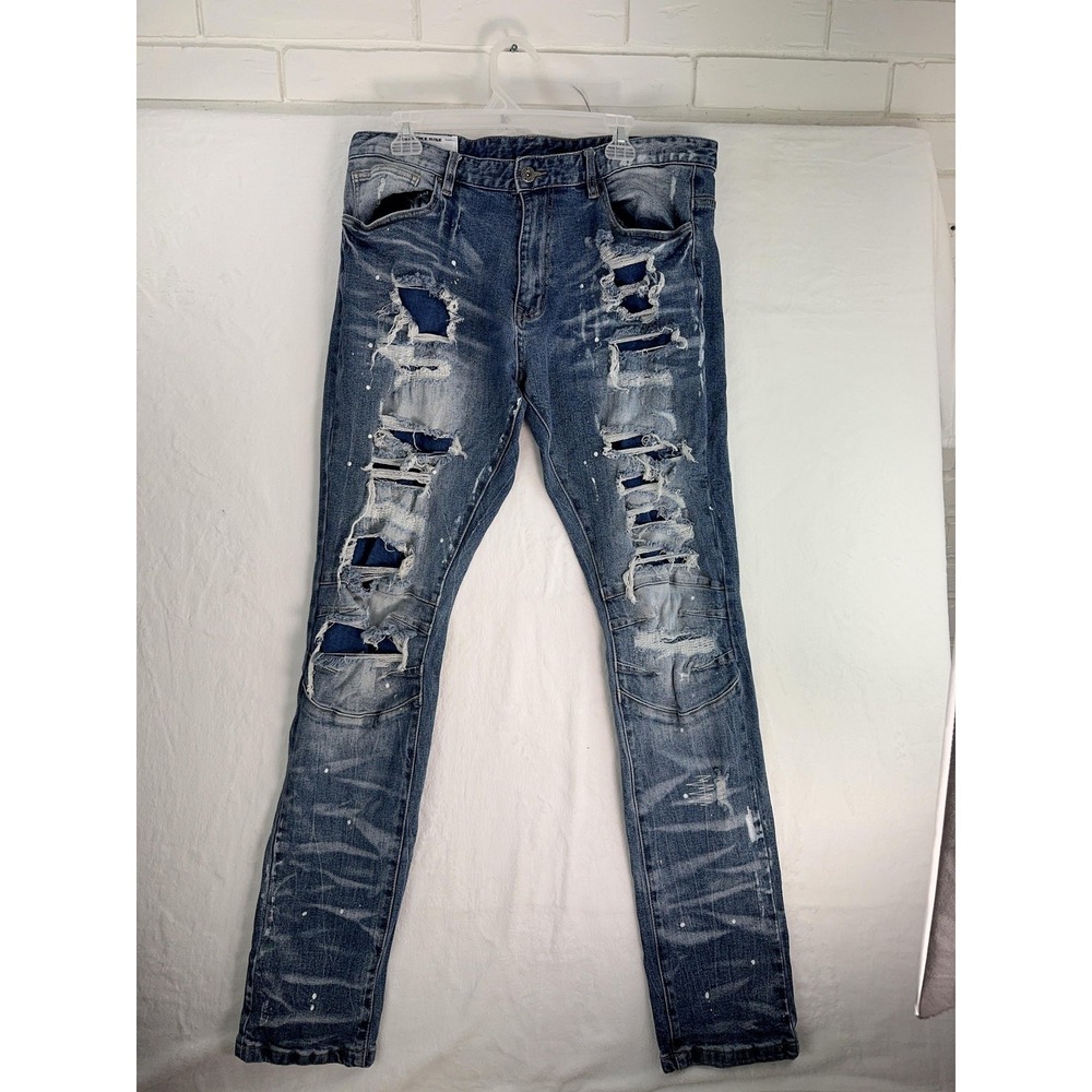 Smoke Rise Jeans Mens 38x34 Distressed Ripped Skinny Fit Denim Paint Splatter